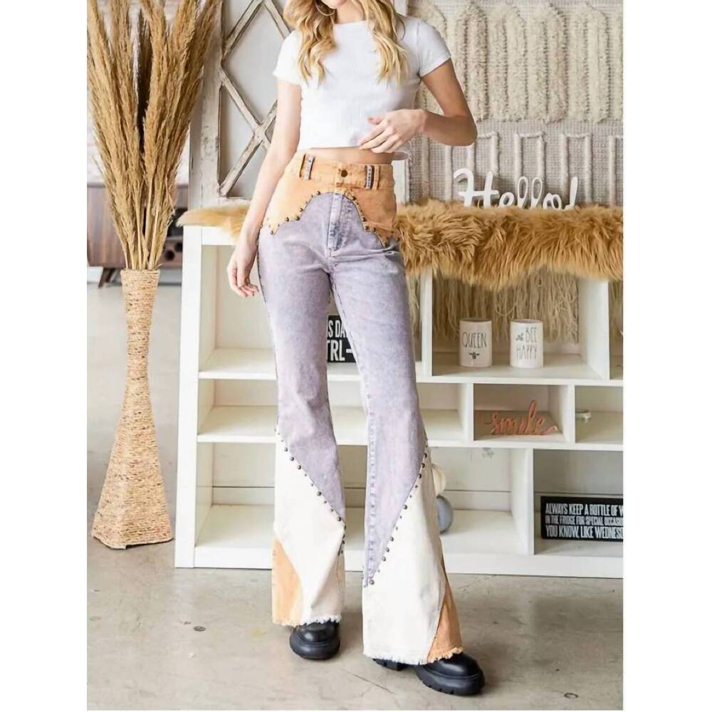 NEW OLI & HALI mason-dixon corduroy flare jeans in buckskin tan/cream/dusty blue - Picture 2 of 4